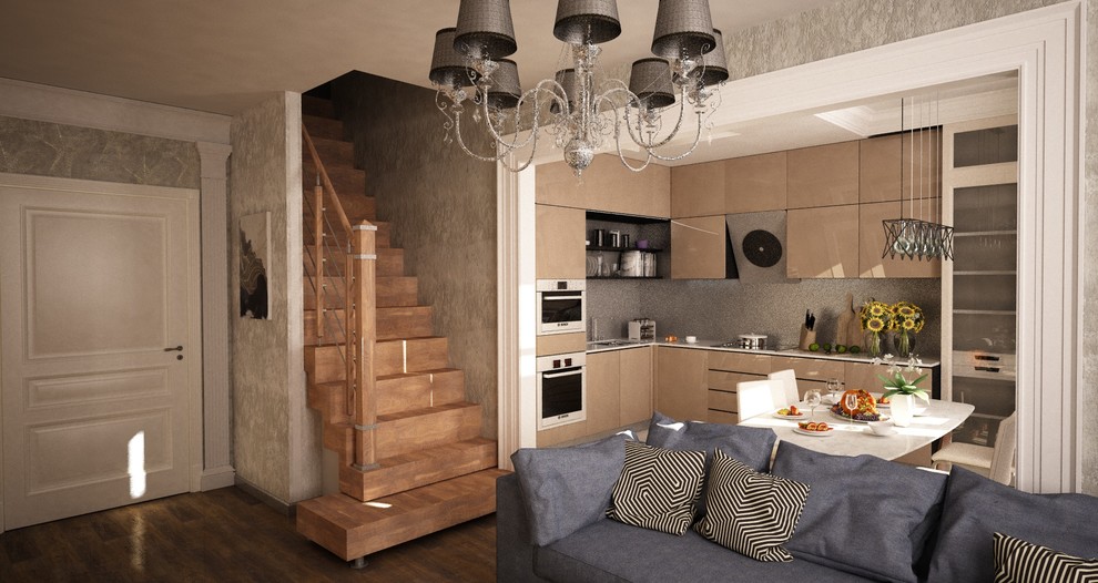 Гостиная двухэтажной квартиры для молодого одинокого мужчины в Москве