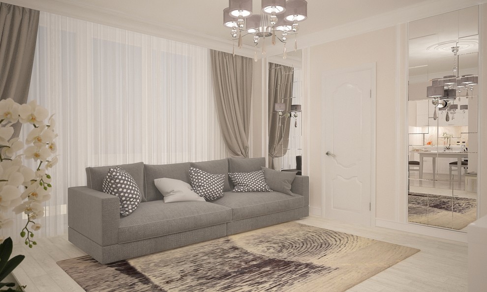 Классические мотивы в современном интерьере кухни-гостиной.