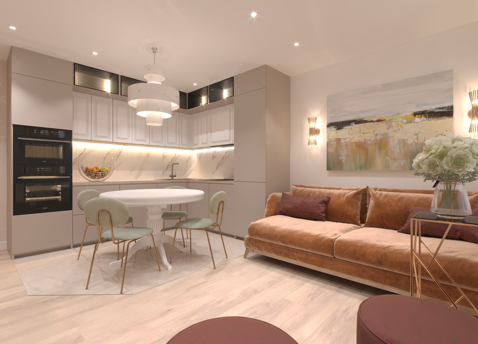 Дизайн-проект  интерьера гостиной  в стиле Контемпорари с элементами Арт-Деко.