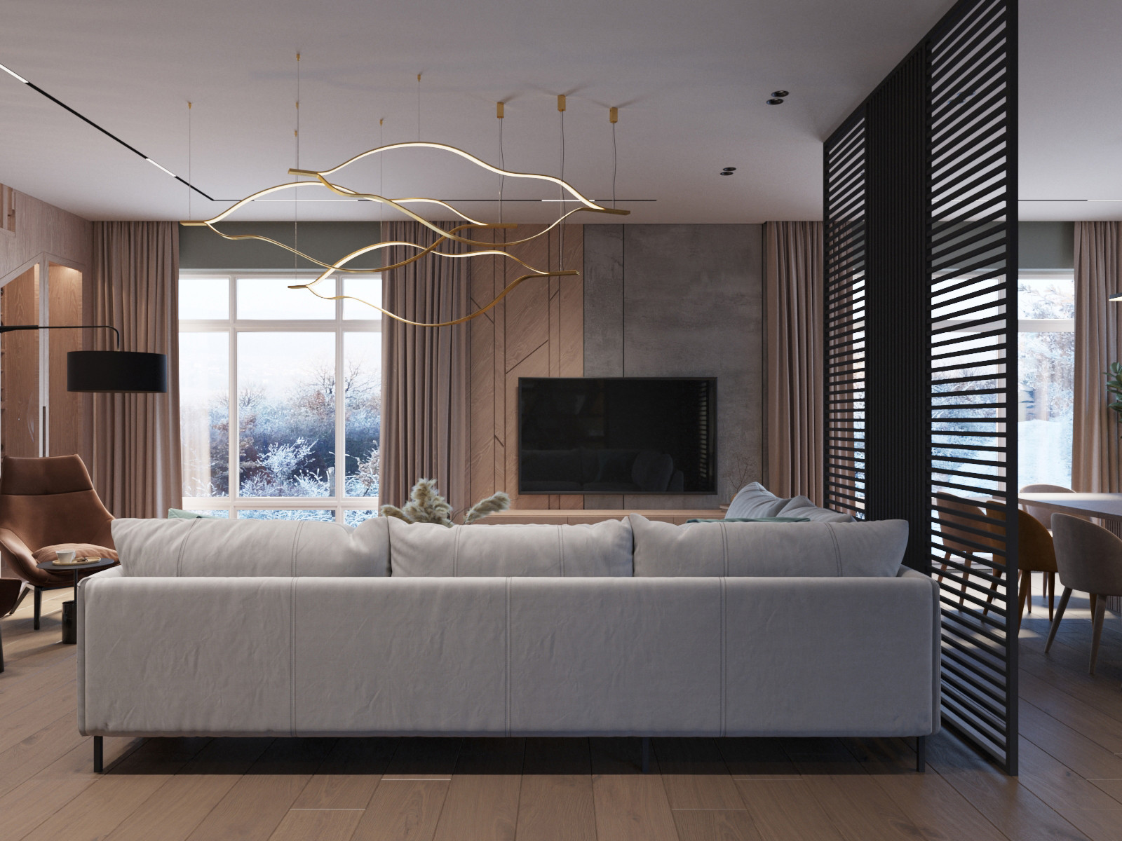 Гостиная коттеджа в г. Березовский. Проект выполнен совместно со студией HOLST