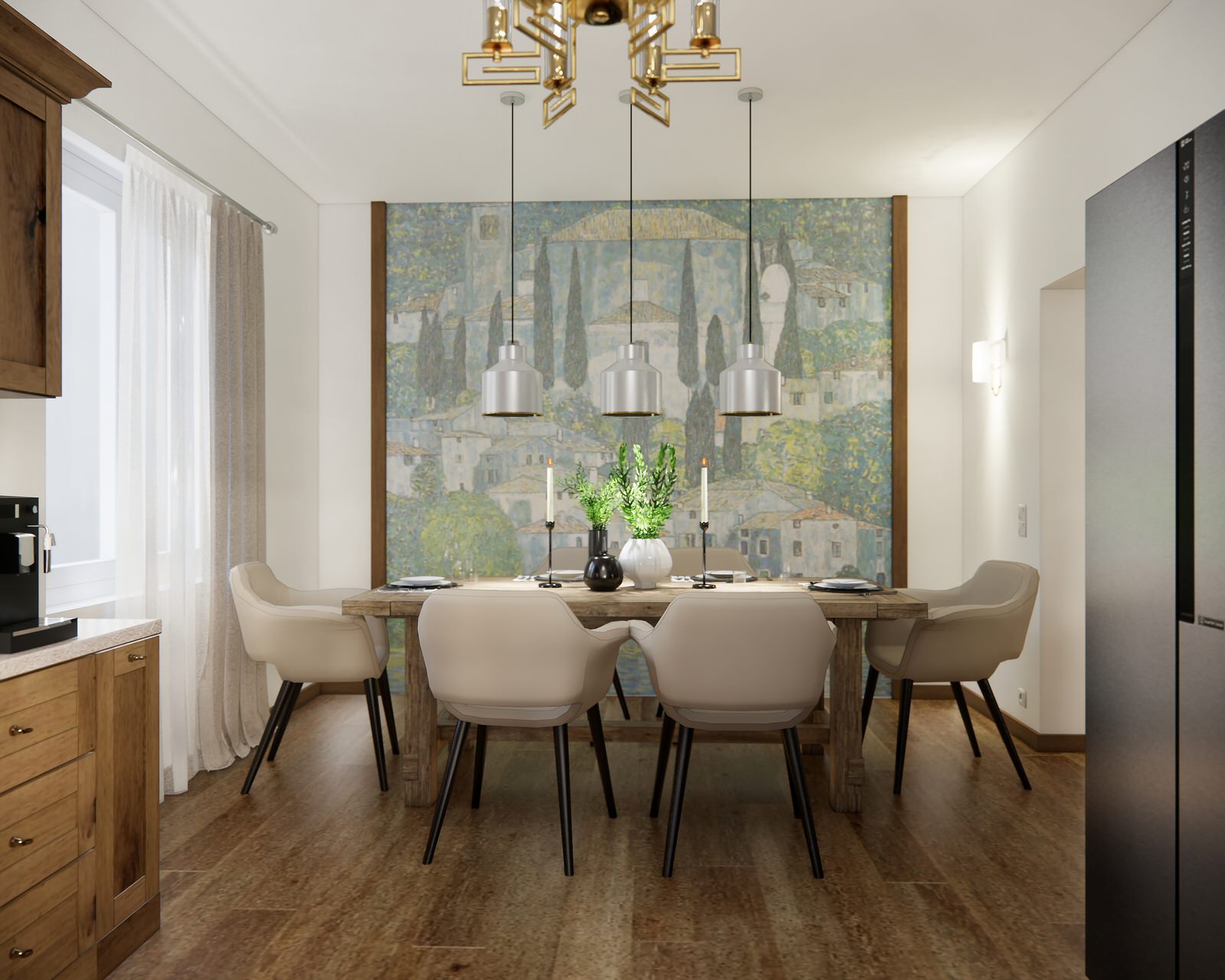 Дом в немецком стиле: кухня и гостиная с камином и лестницей