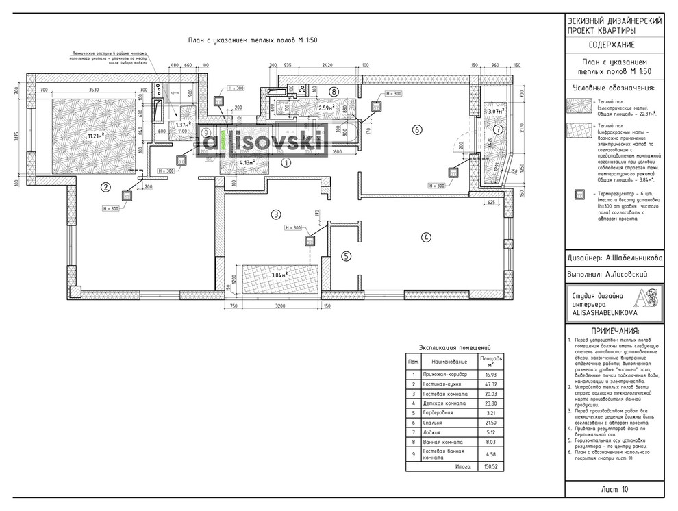 Проект рабочей документации (чертежей) для многокомнатной квартиры