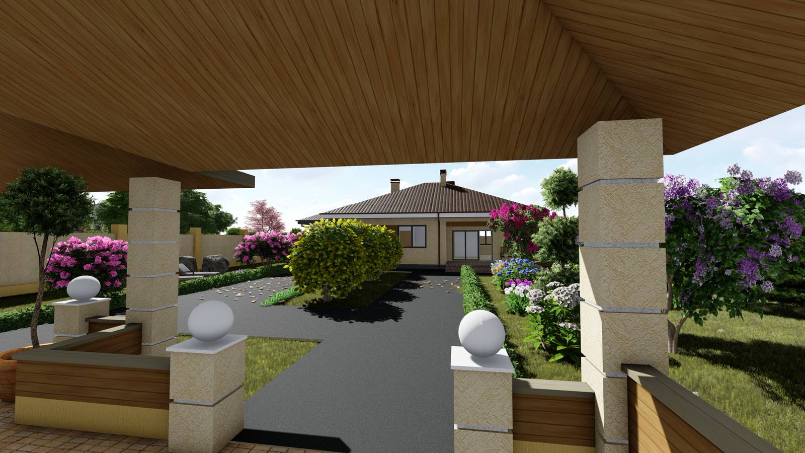 Одноэтажный дом с беседкой