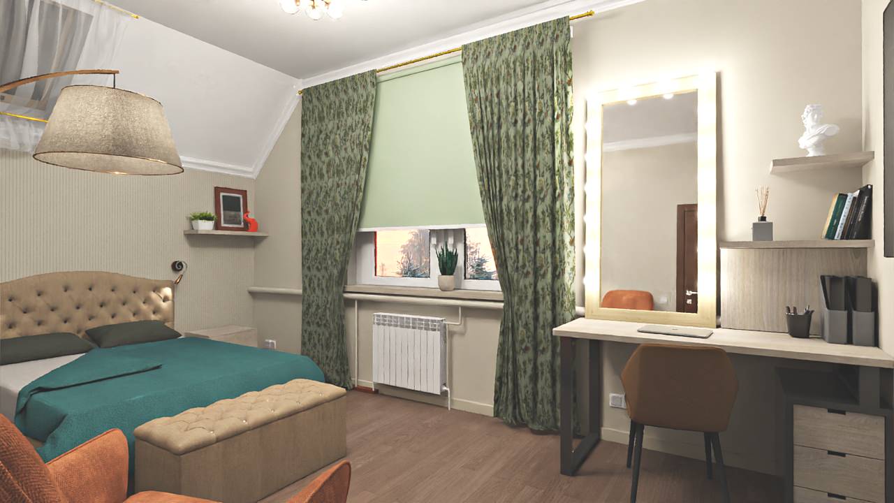 Планировочное решение, создание визуализации спальни в загородном доме