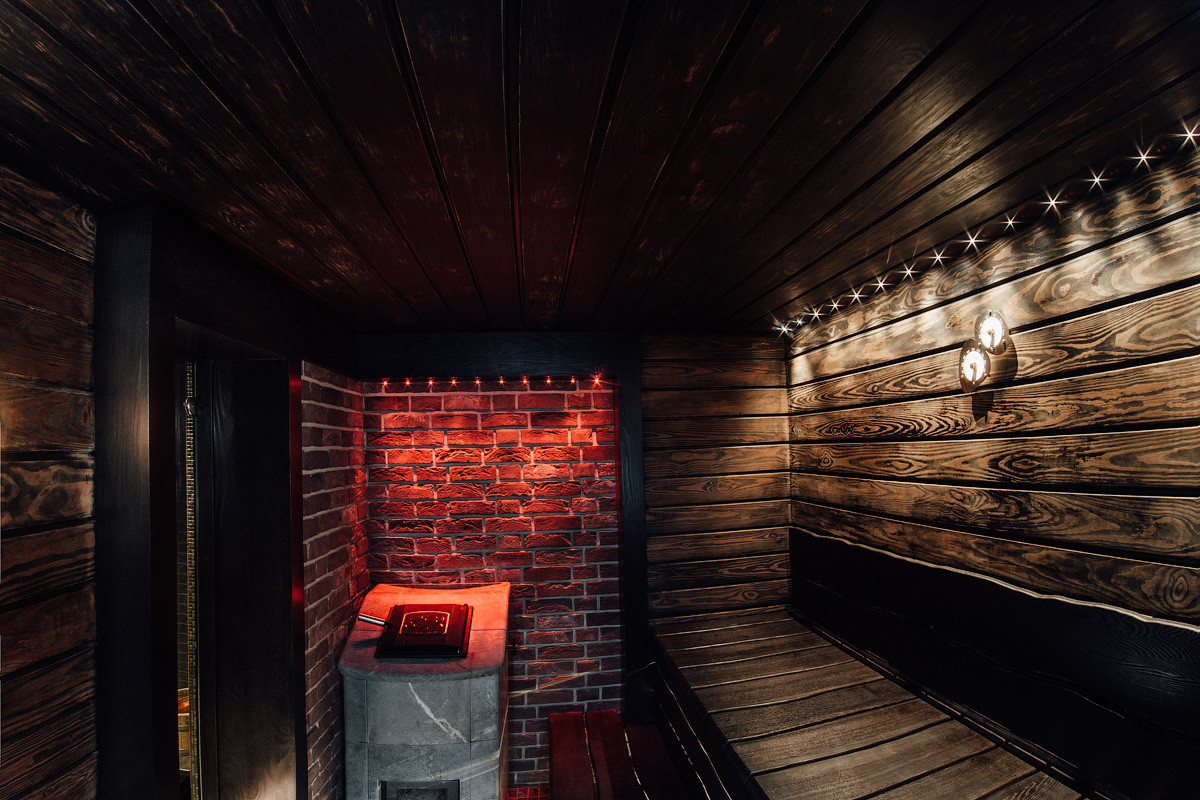 Подсветка камня за печью.