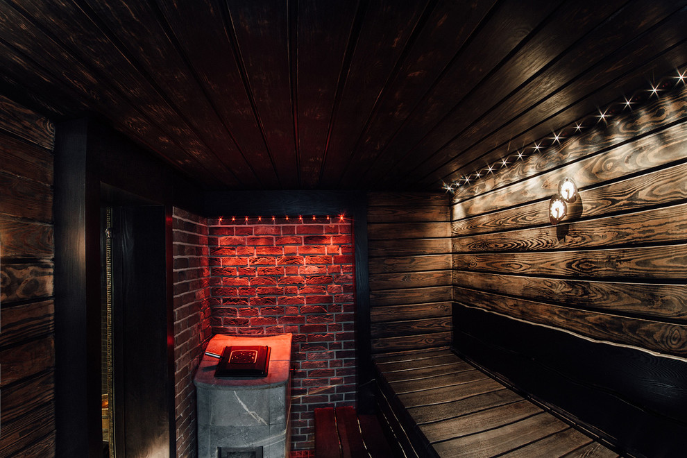 Подсветка камня за печью.