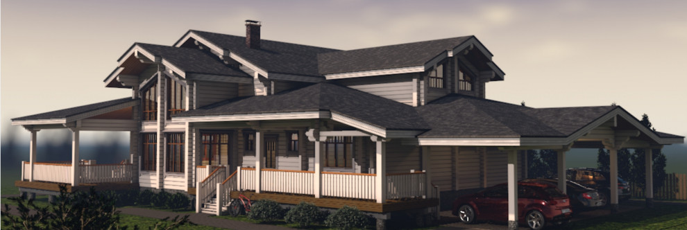 Дом из клееного бруса с навесом для машин 426 м.кв.