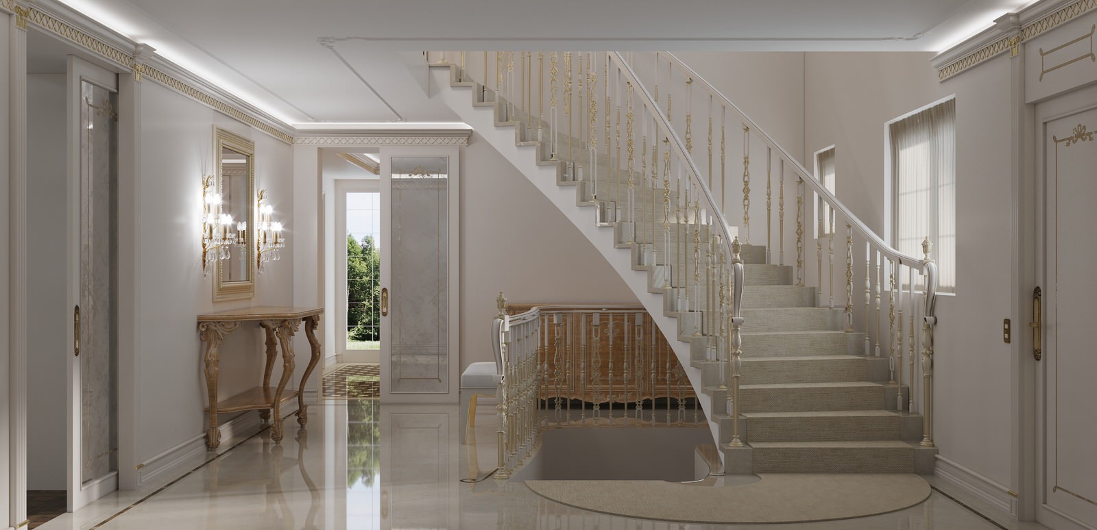 Интерьер лестничного холла в проекте виллы
