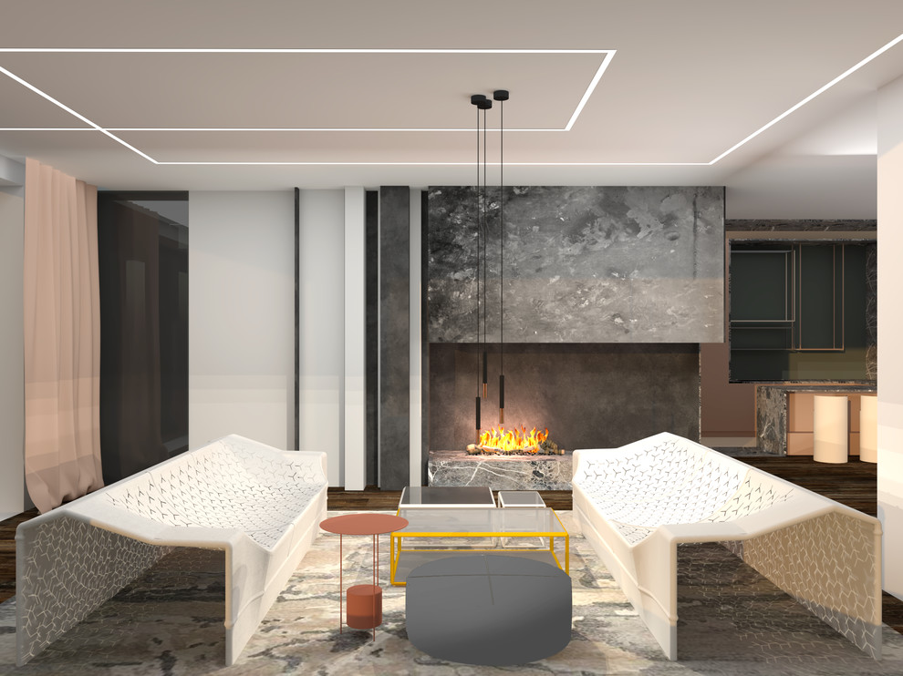 Дом, 200 м2. Концепты помещений: прихожая, гостиная, кухня.