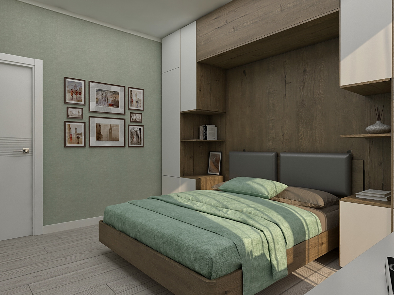 Спальня с системой хранения в изголовье кровати