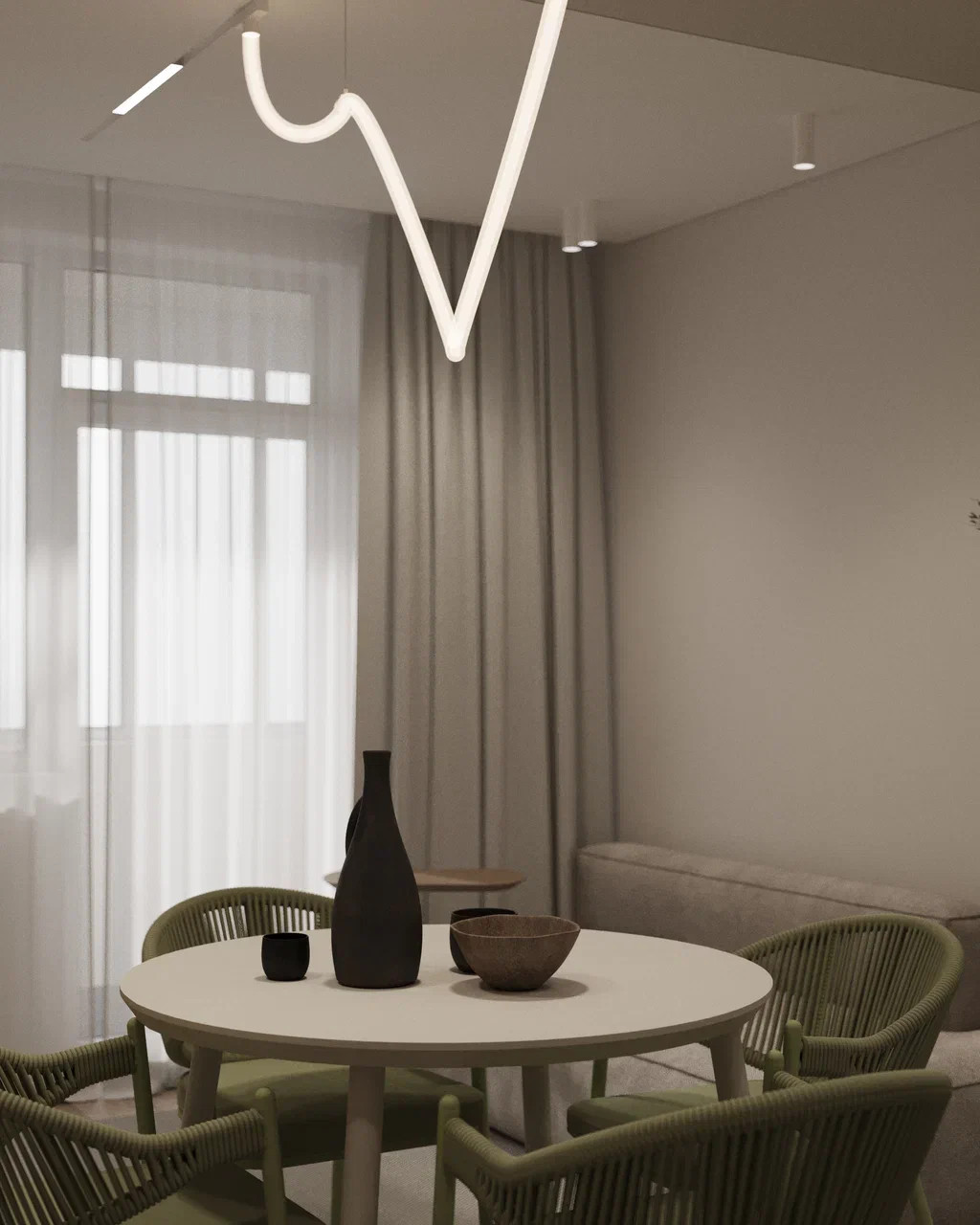 Дизайн кухни-гостиной с акцентным оливковым