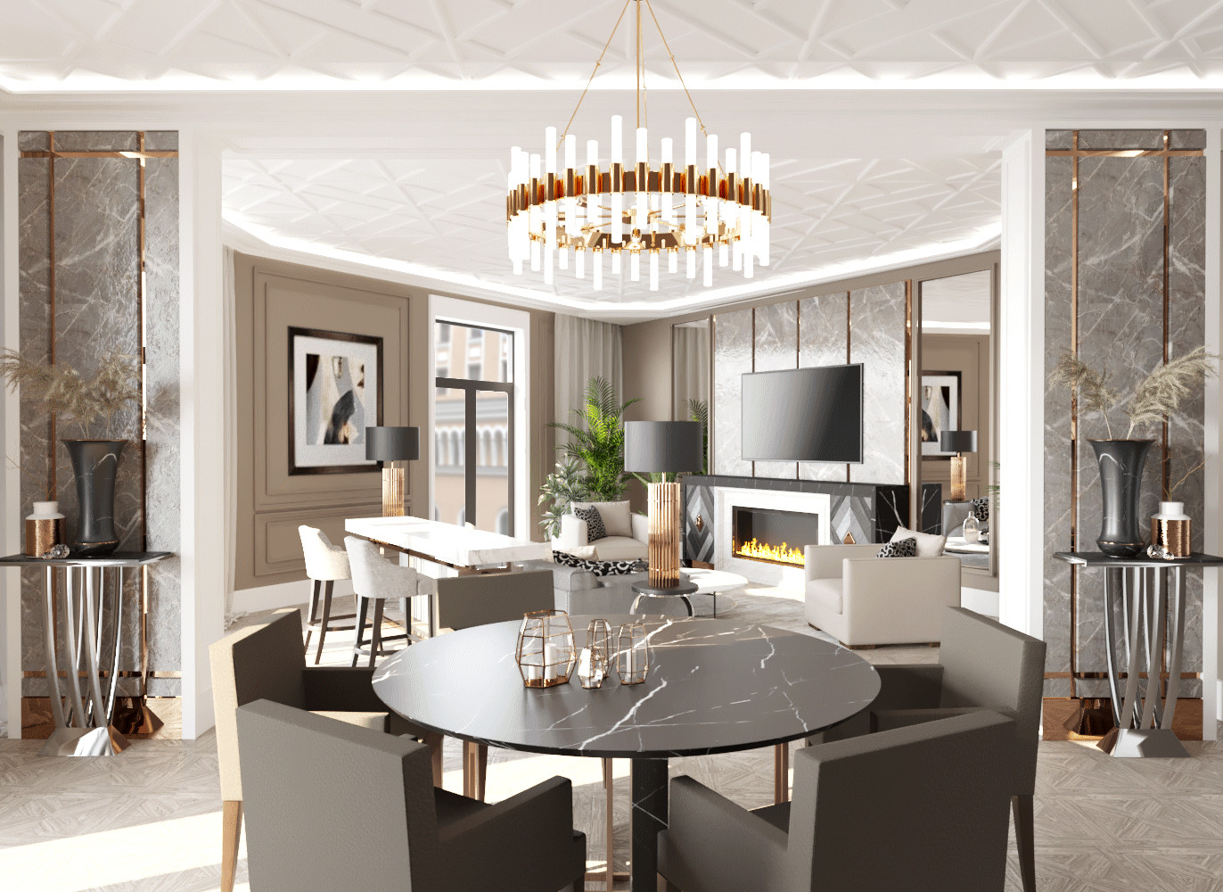 Концепт гостиной с камином