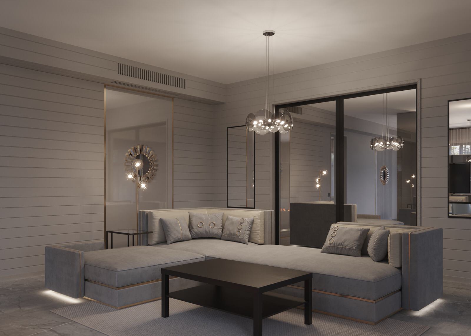 Гостиная с камином в проекте загородного дома