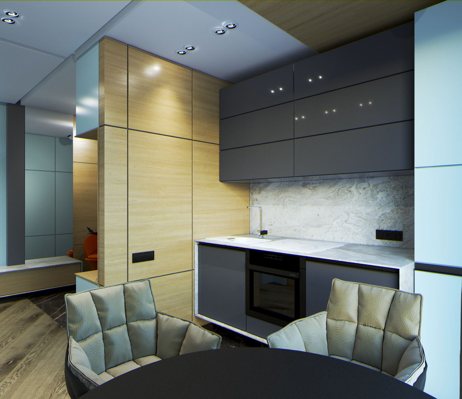 Современное, студийное пространства кухни, в трех комнатной квартире.