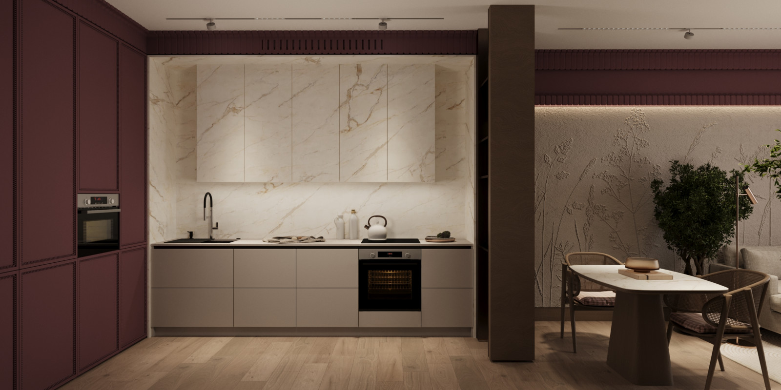 Кухня-гостиная с нотками бордо