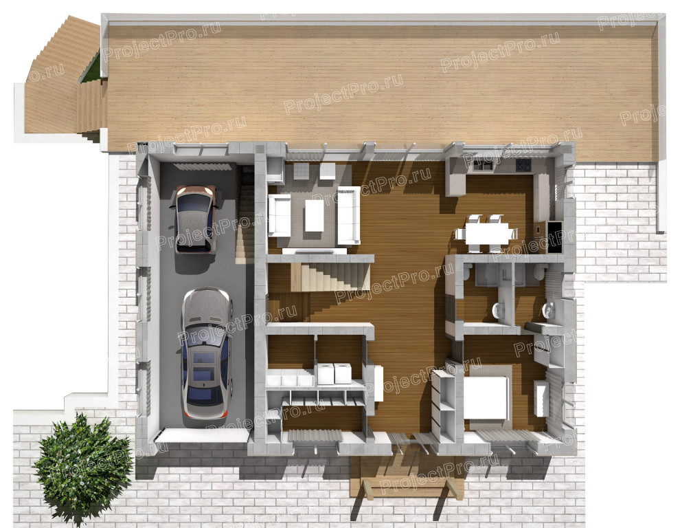 S-021. Трехуровневый дом из клееного бруса и блока АГБ на сложном рельефе