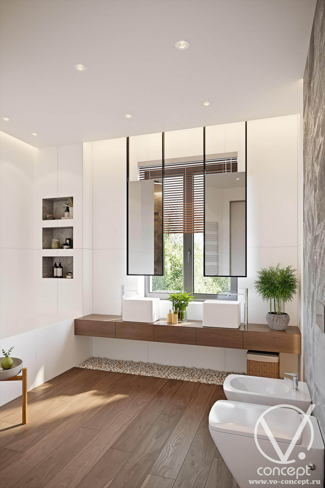 Проект совмещенного санузла с парящими зеркалами