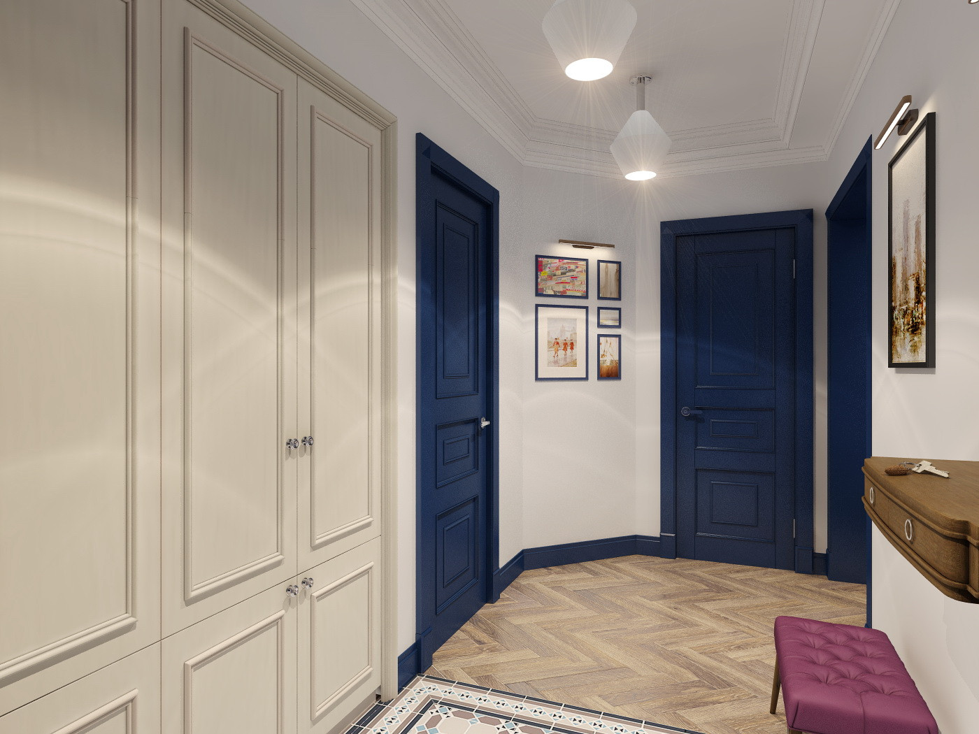 Стильная прихожая с бордовой стеной и метлахской плиткой