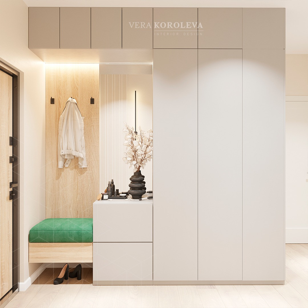 Гардеробный шкаф с банкеткой и зеркалом в прихожей  ЖК "Янино" в