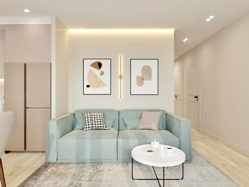 "Нотки Ментола" в кухни-гостиной для молодой пары в ЖК Лесопарковый