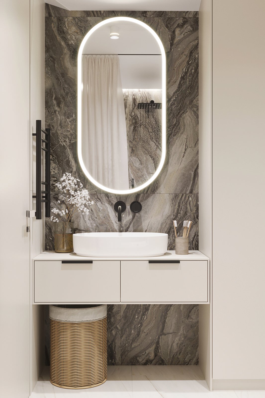 Белые интерьеры спальни и ванной комнаты