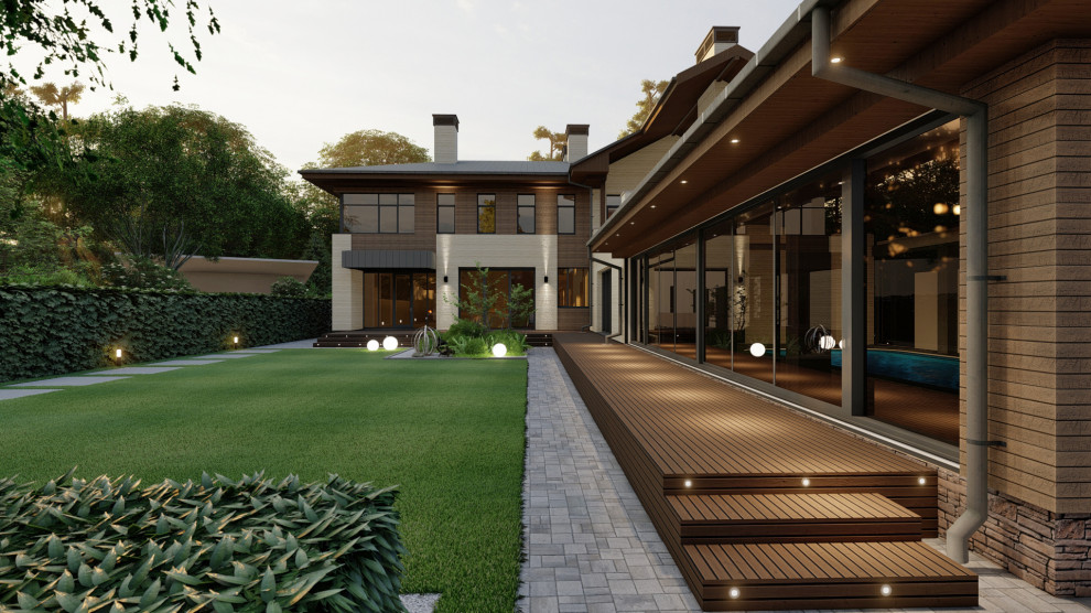 Дом с бассейном и верандой с камином