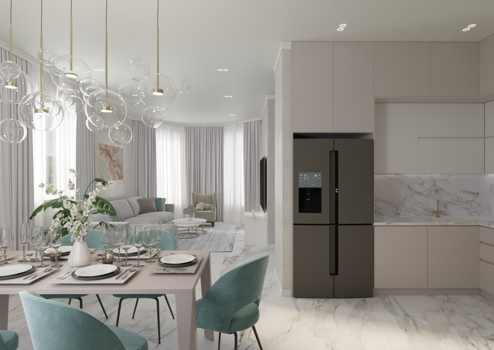 Кухня-гостиная в светлых тонах