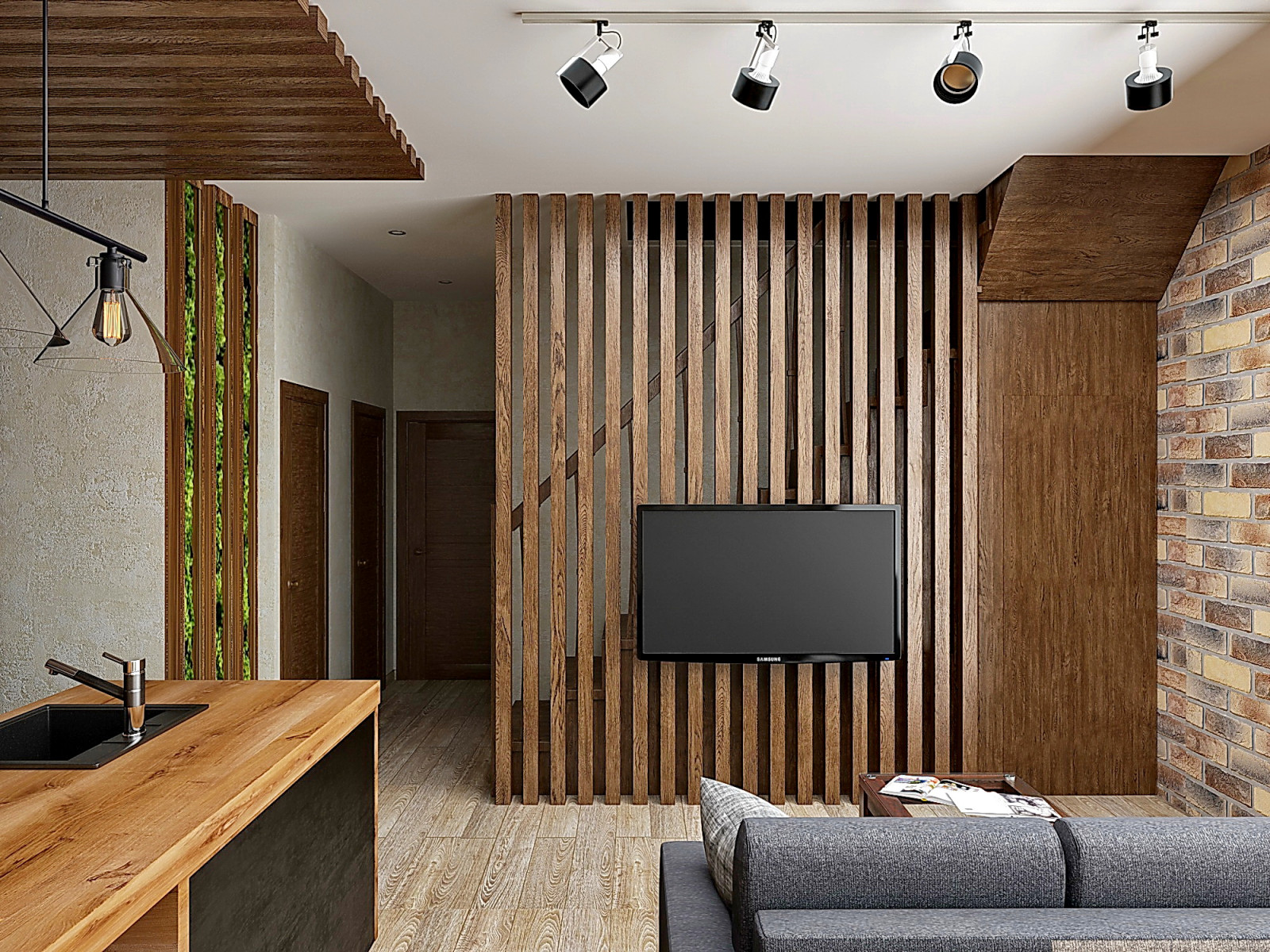 Кухня-гостиная в стиле лофт.