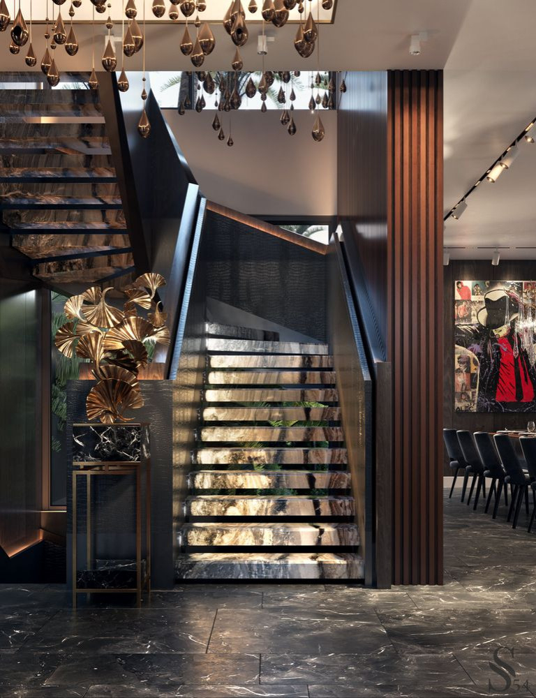 Рисунок мрамора спускается единым полотном по всем ступеням