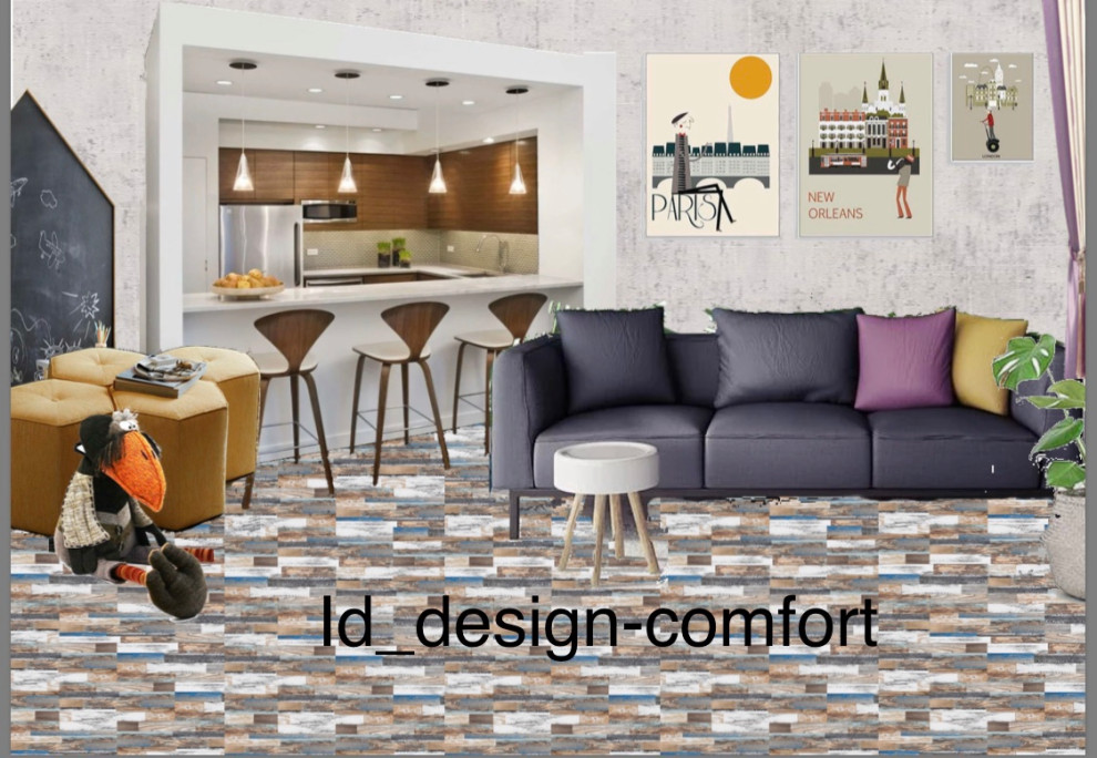 Обложка проекта: Эскиз проекта. Гостинная совмещенная с кухней для семьи с двумя детьми 7-ми и 4-