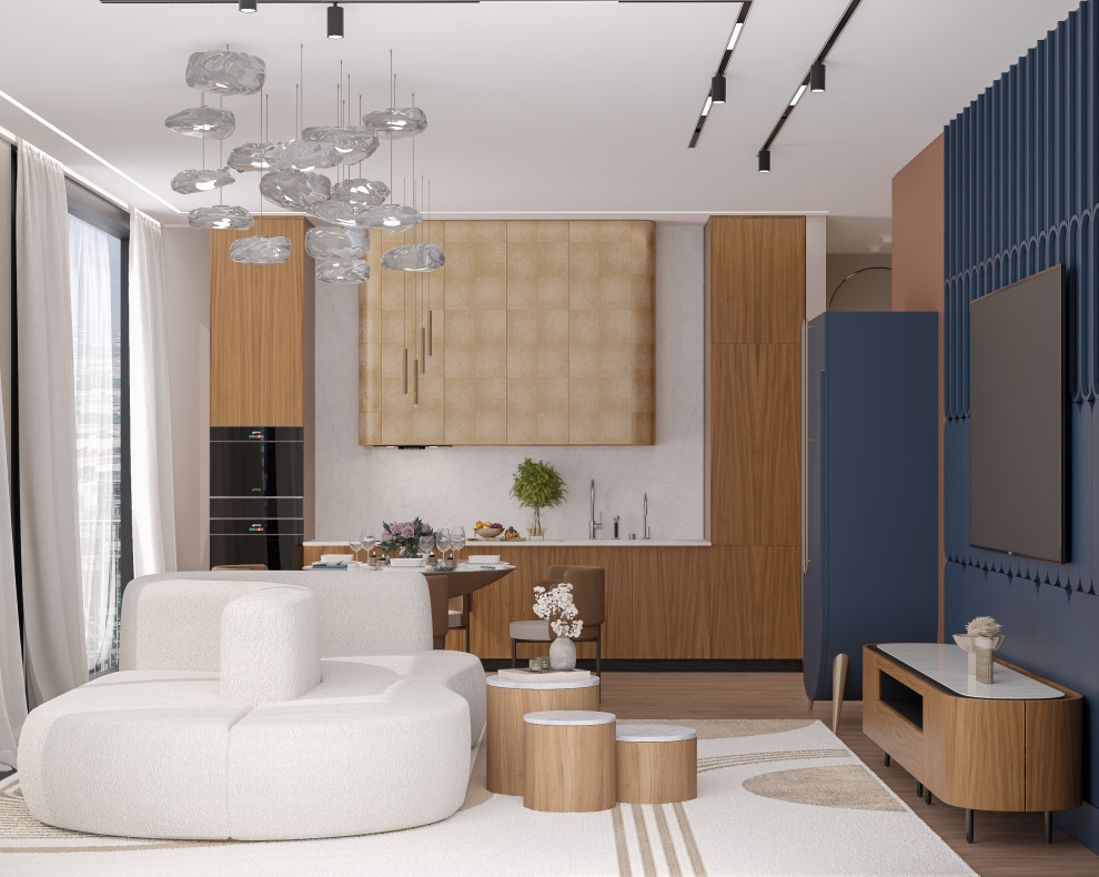 Кухня-гостиная  из проекта "Оранжевый Блюз" в ЖК Neva Towers, г. Москва