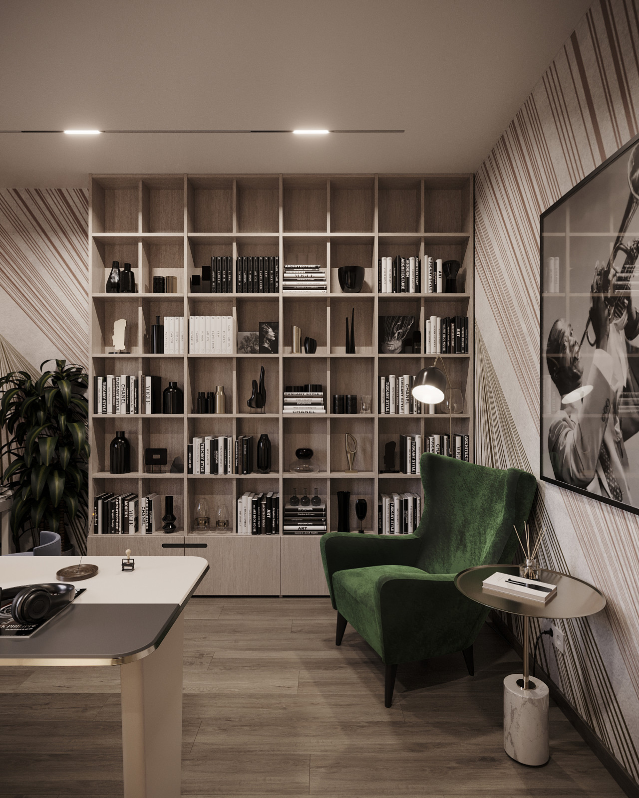 Дизайн и 3д-визуализация кабинета в загородном доме. Вариант 1.