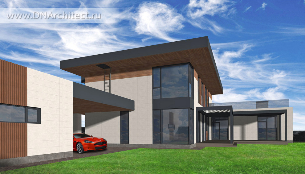 Обложка проекта: Проект современного дома с баней и гаражом в Подмосковье 2022