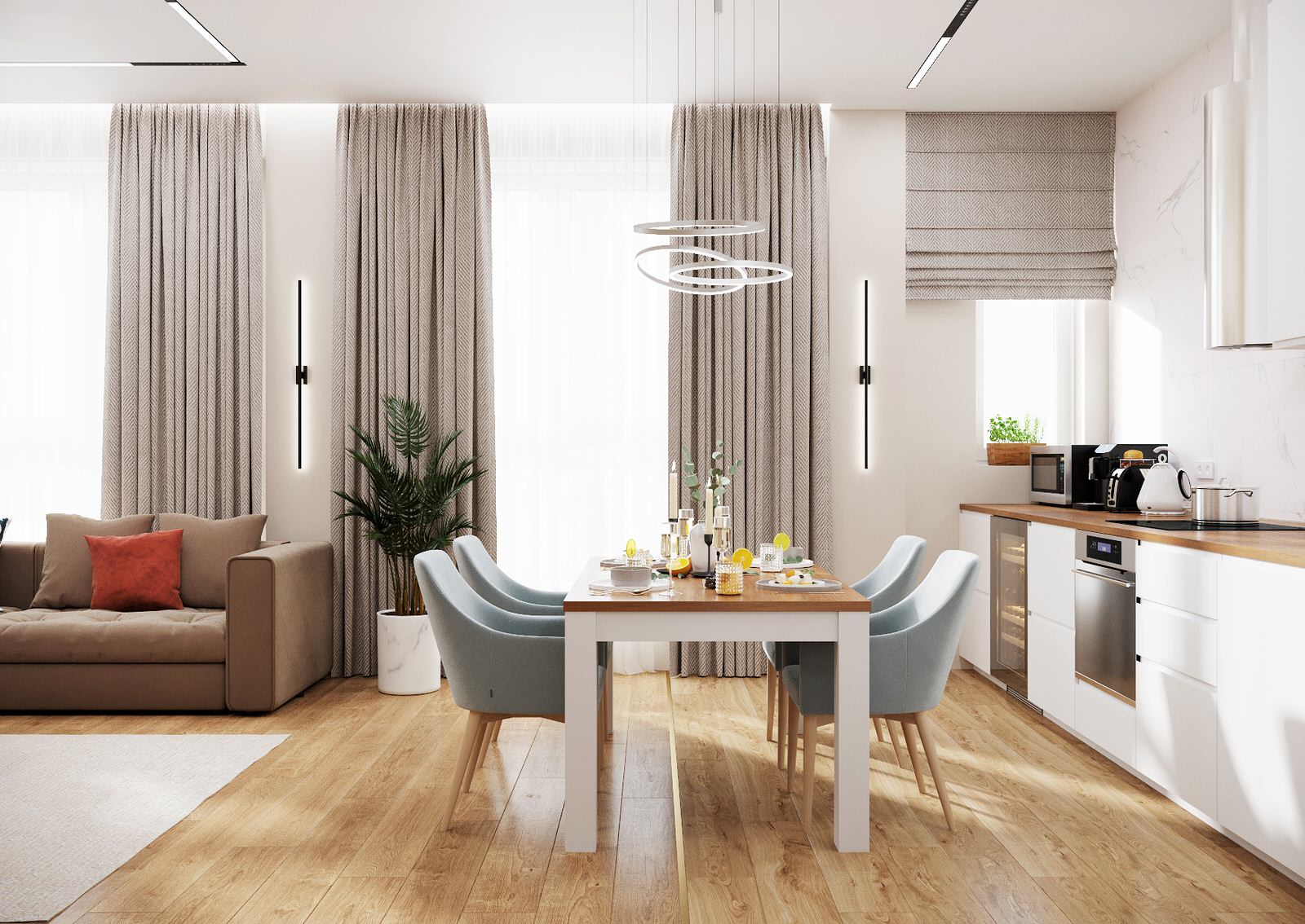 Светлая премиум квартира в современном стиле. Кухня-гостиная.