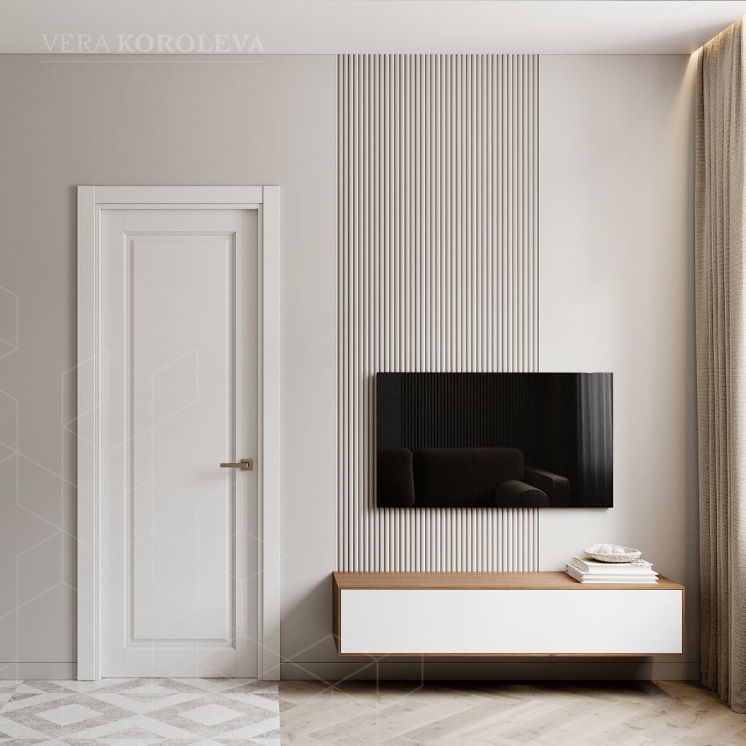 Стеновые панели за телевизором, окрашенные в цвет стен.