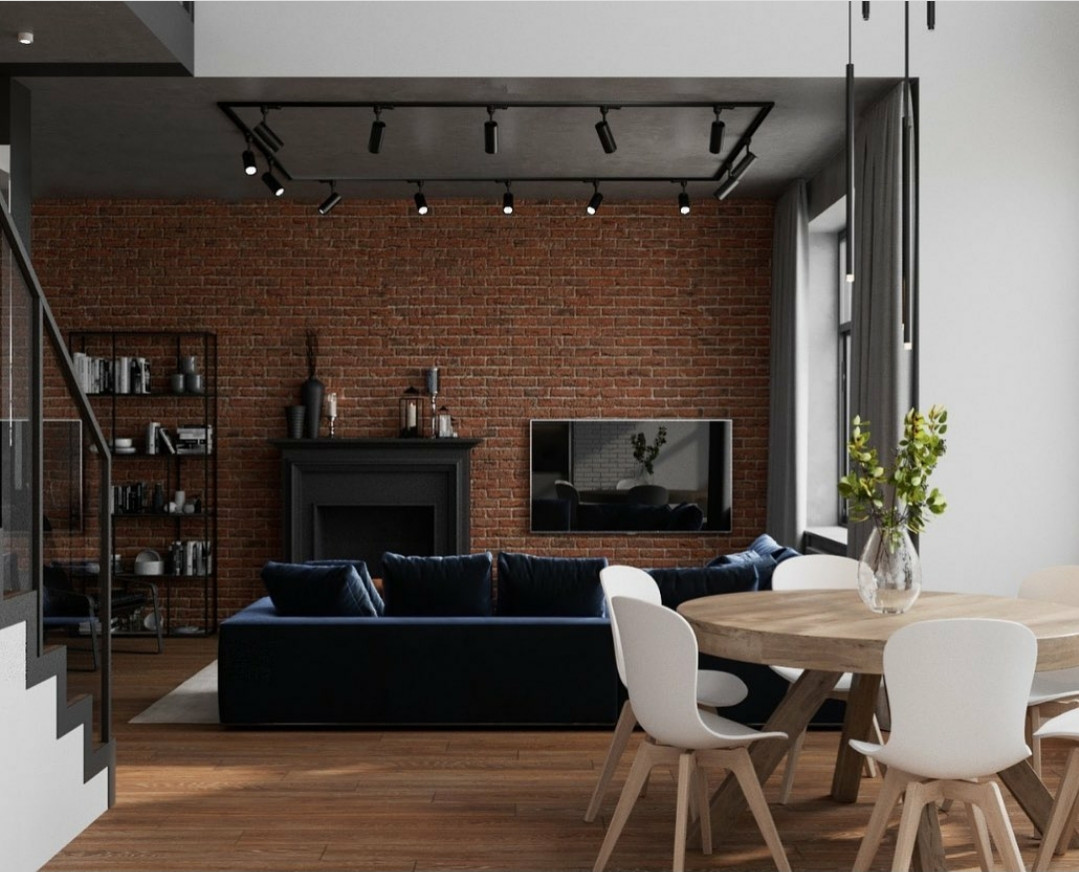 Обложка проекта: Антуражная кухня-гостиная в стиле лофт в двухуровневой квартире