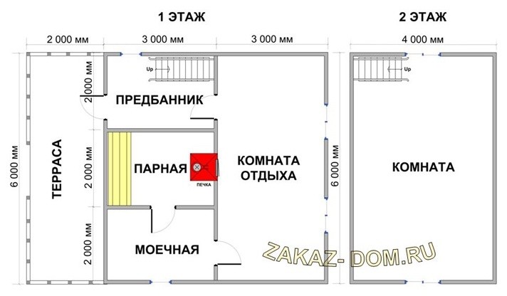 Баня из бруса с мансардой (6х8 м) - Проект № 2Б-18
