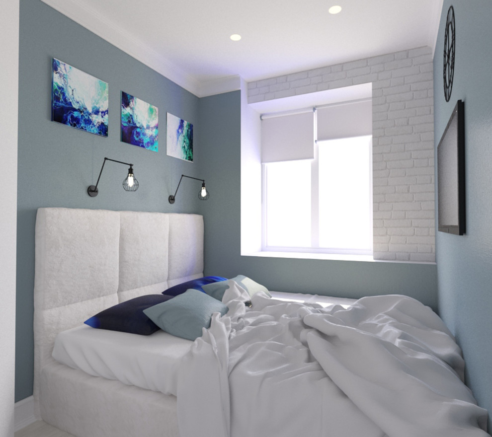 Модная спальня в голубых и белых тонах