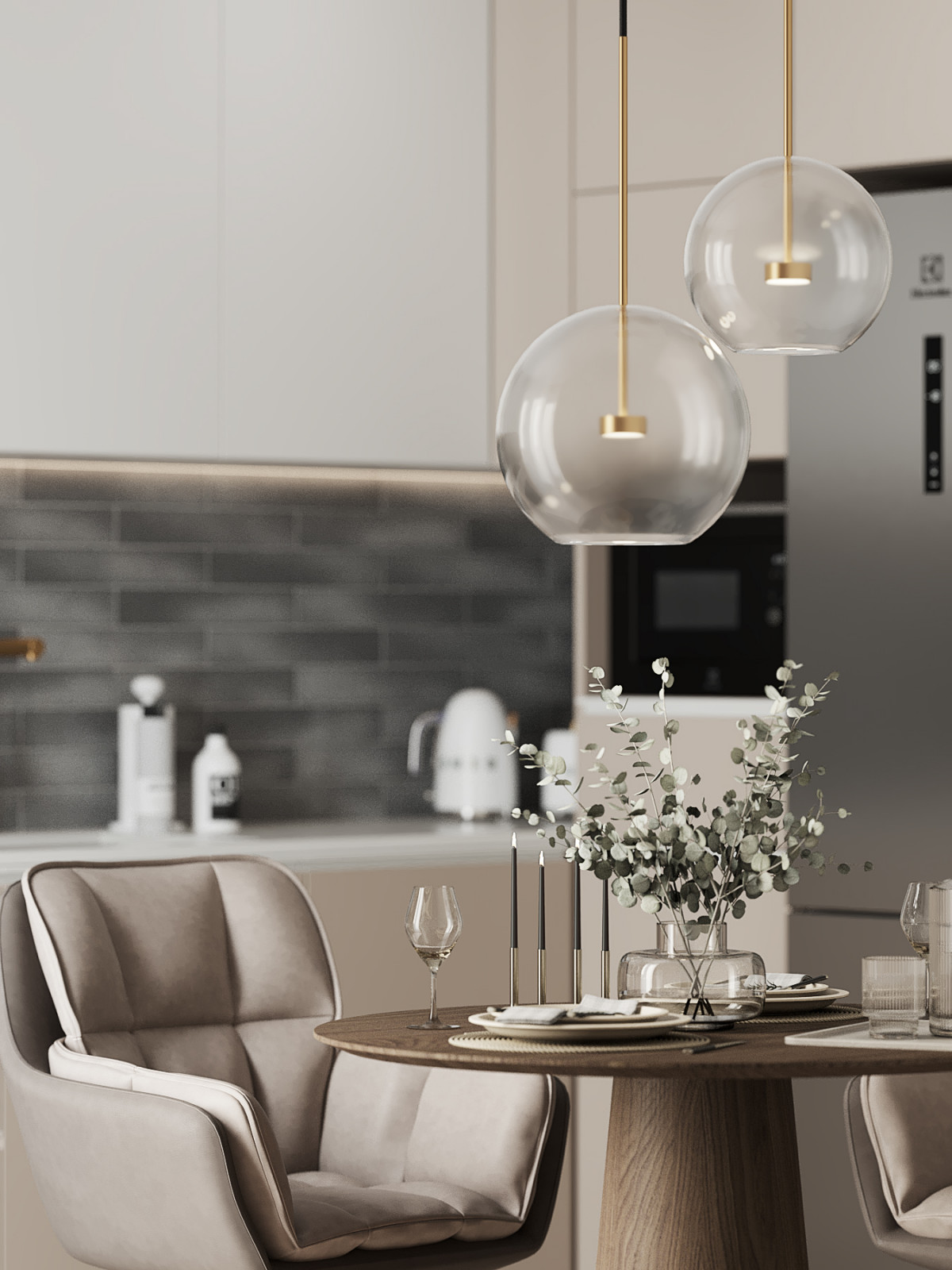 Кухня и прихожая в большой квартире для взрослой пары.