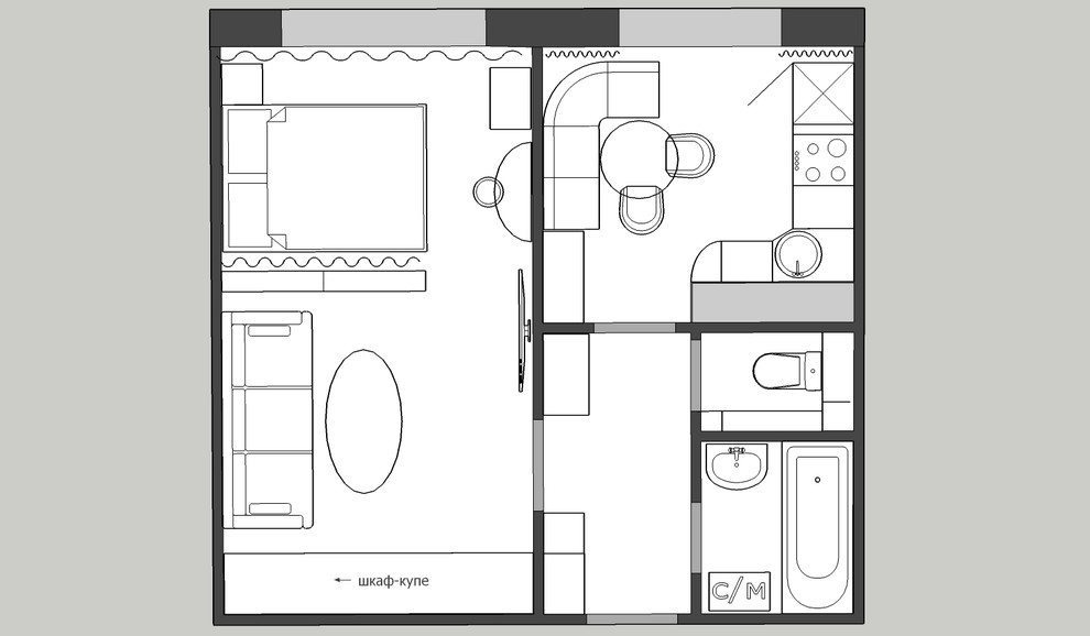 Пример расстановки мебели 1к квартира 33 кв.м