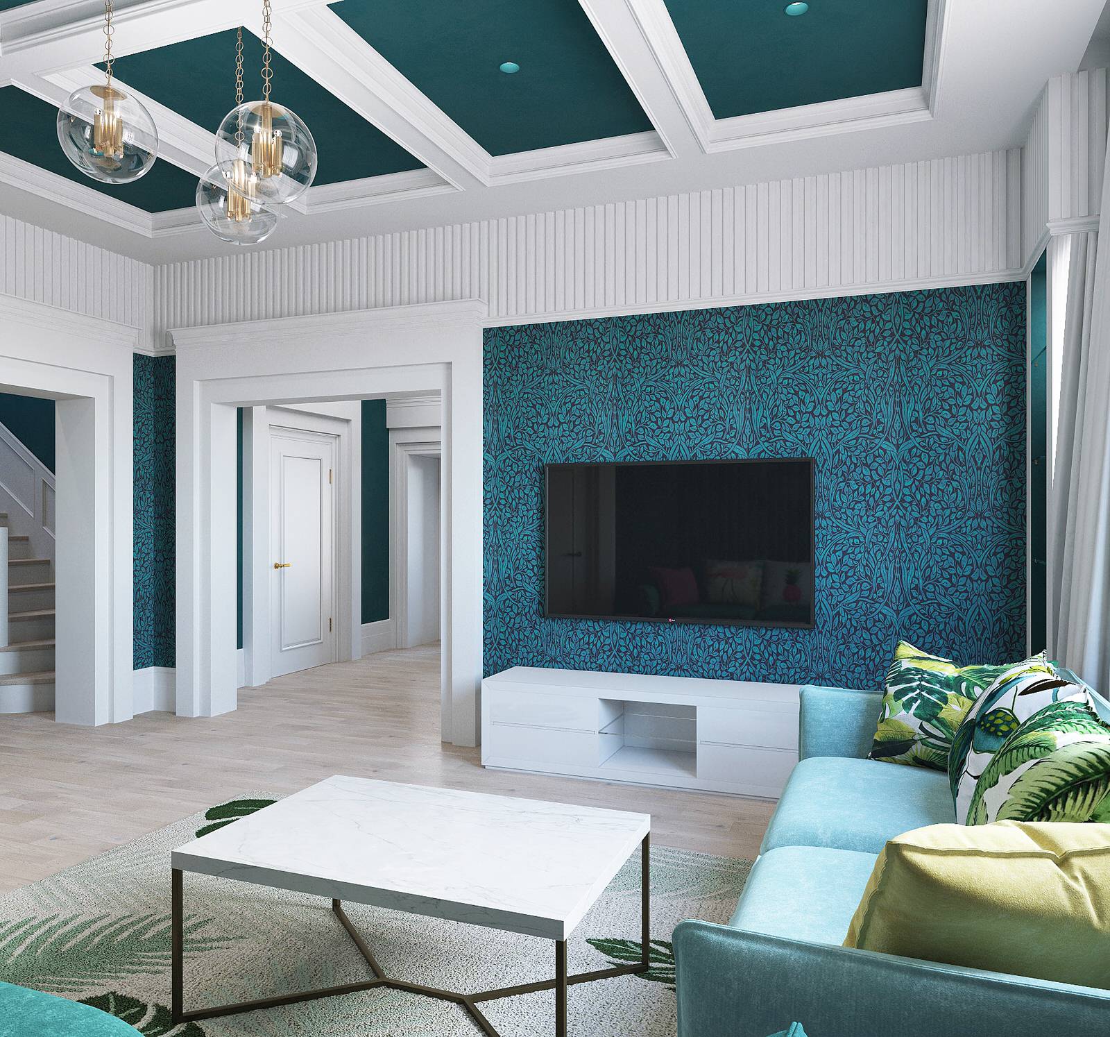 Гостиная с высокими потолками