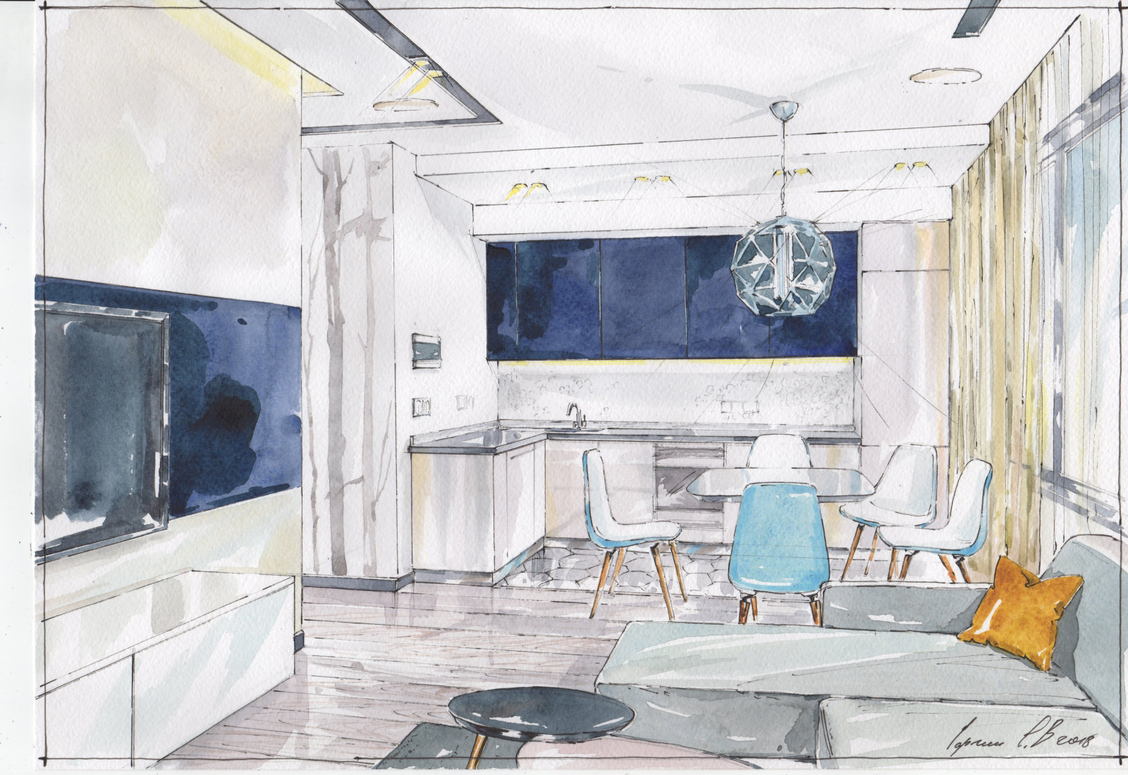 Акварельные эскизы к проекту. Дизайн проект квартиры в современном стиле.