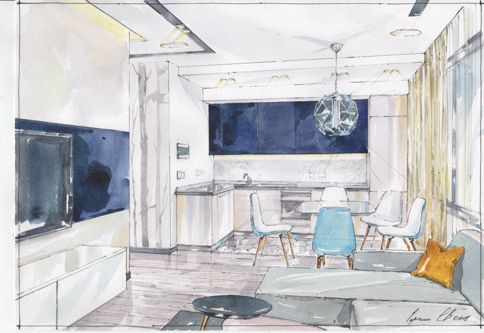 Акварельные эскизы к проекту. Дизайн проект квартиры в современном стиле.