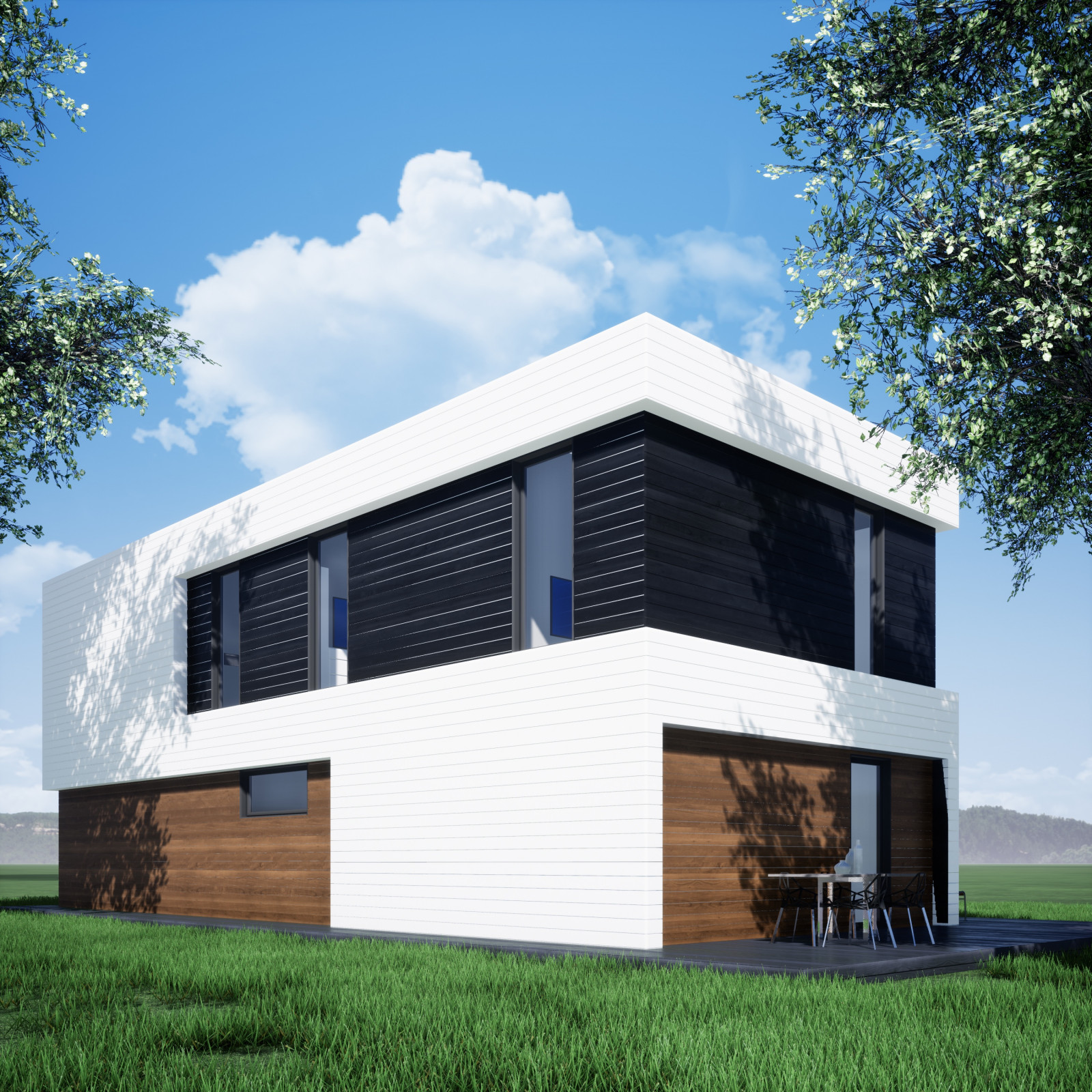 Современный каркасный дом с плоской кровлей, 150 м.кв.