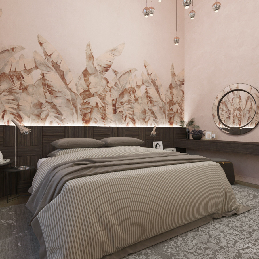 Спальня с тропическими листьями