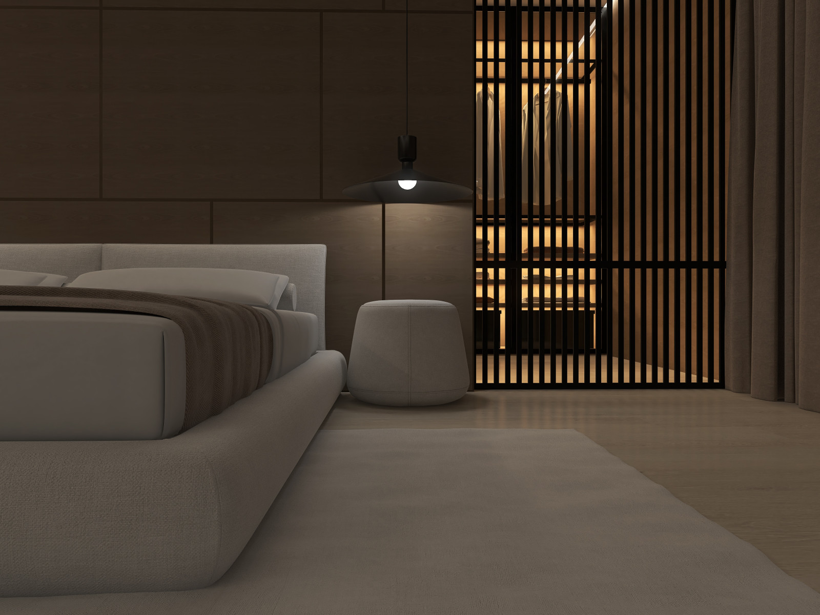 Мастер-блок с собственным гардеробом, необычным полками для книг и ковром на всю