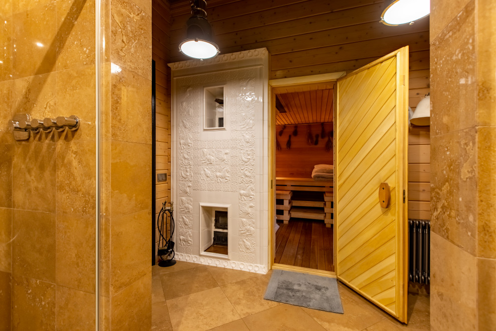 Облицовка банной печи, изразцы из коллекции "Русская этника"