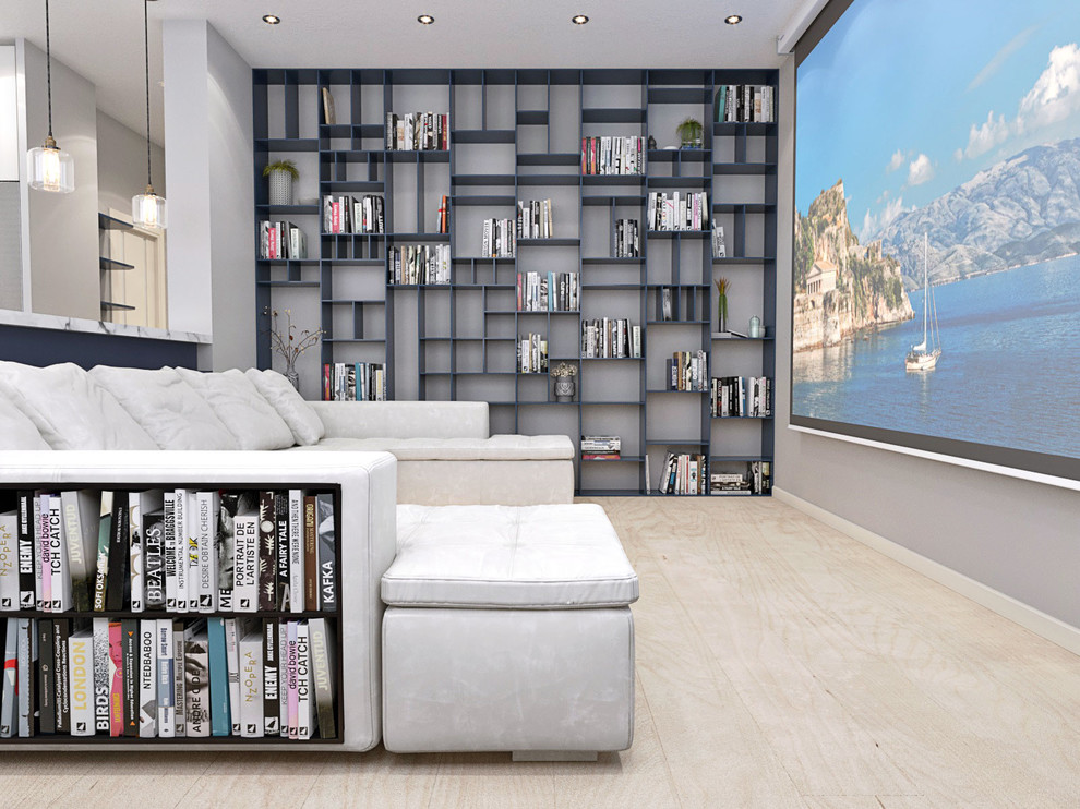 Открытый стеллаж в гостиной.