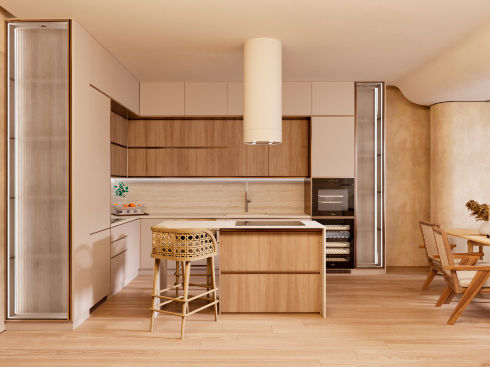 кухня-гостиная в тёплом стиле. Скандинавский стиль, "Джапанди"