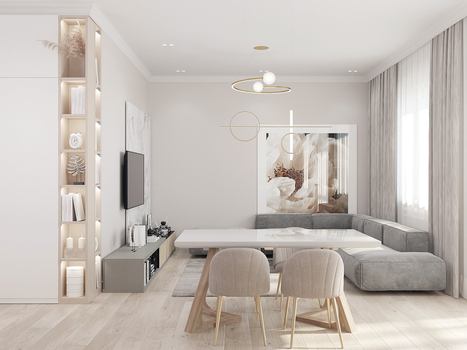 Вид на тв зону в кухне-гостиной